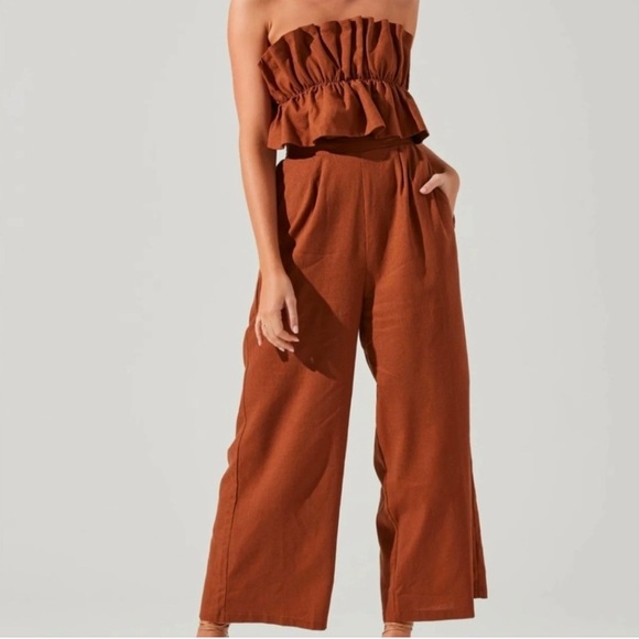 Astr Pants - ASTR The Label Linen Jump Suit Wide Leg Strapless Ruffle Backless Elasticated: L